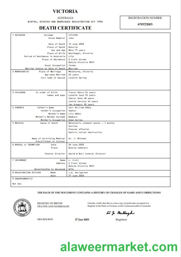 Australia Victoria death certificate template in Word format